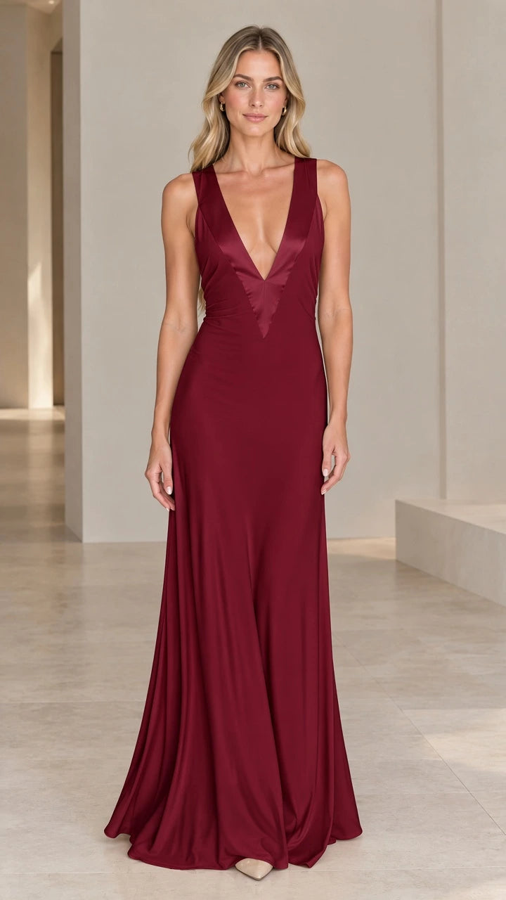 Front view of model wearing burgundy red sleeveless V-neck evening gown