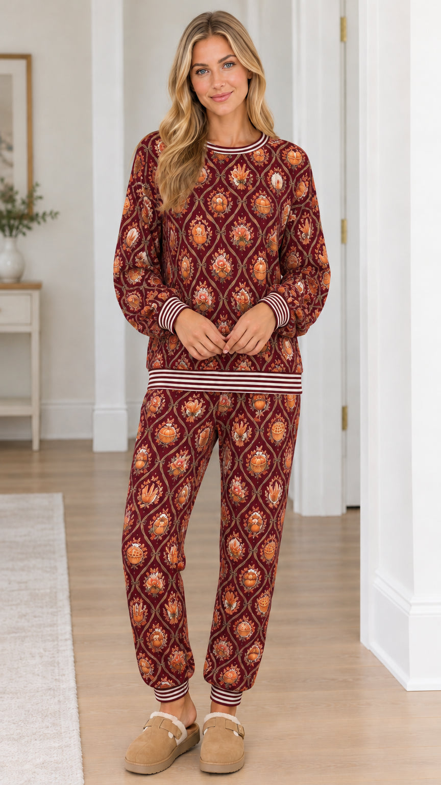 Model wearing burgundy wine colorway of the pumpkin print lounge tracksuit