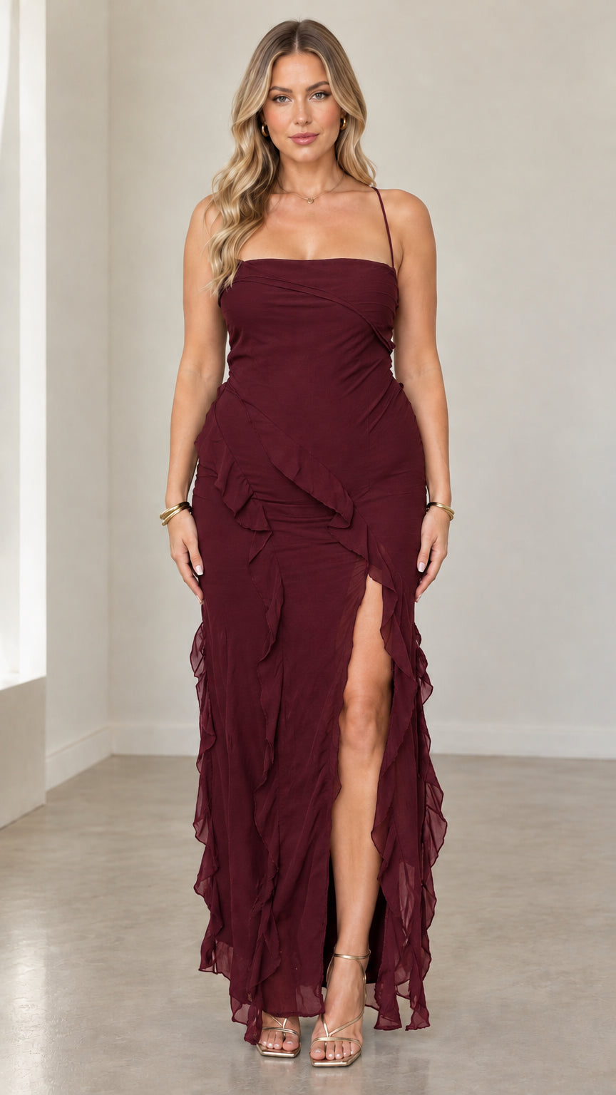 Burgundy wine red cascade ruffle open back maxi gown