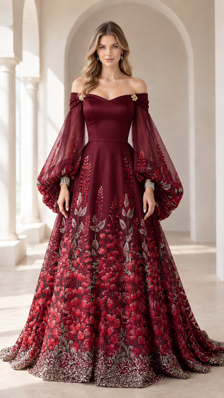 Full-length view of burgundy off-shoulder formal evening dress with red floral embroidery