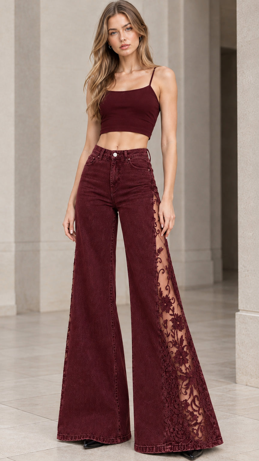 Front full-length view of model wearing burgundy wine high-rise flare jeans with floral lace side panels