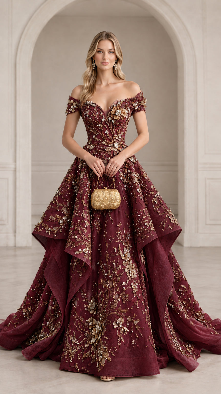 Front view of burgundy red off-the-shoulder 3D floral embroidered tiered ball gown