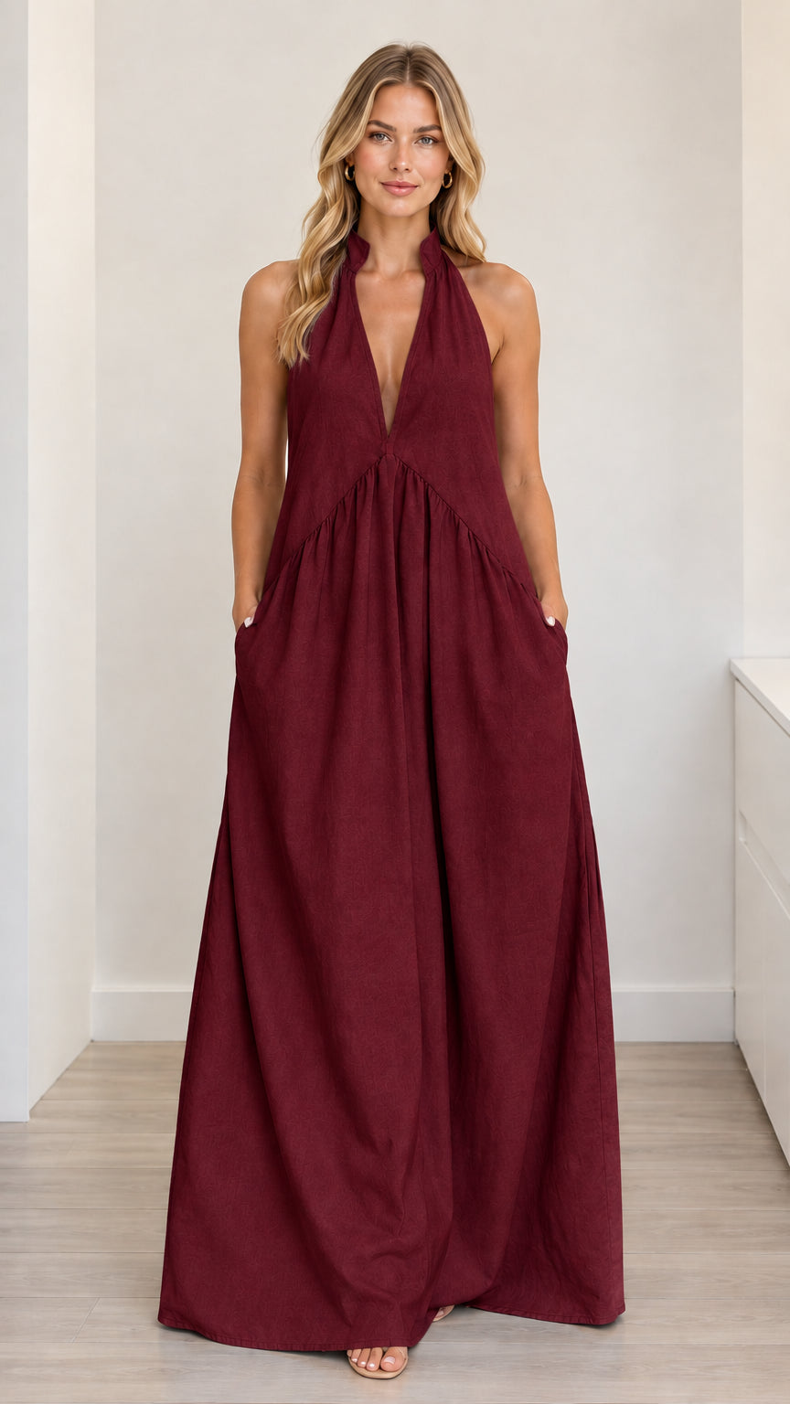 Burgundy wine red halter sleeveless maxi dress front view