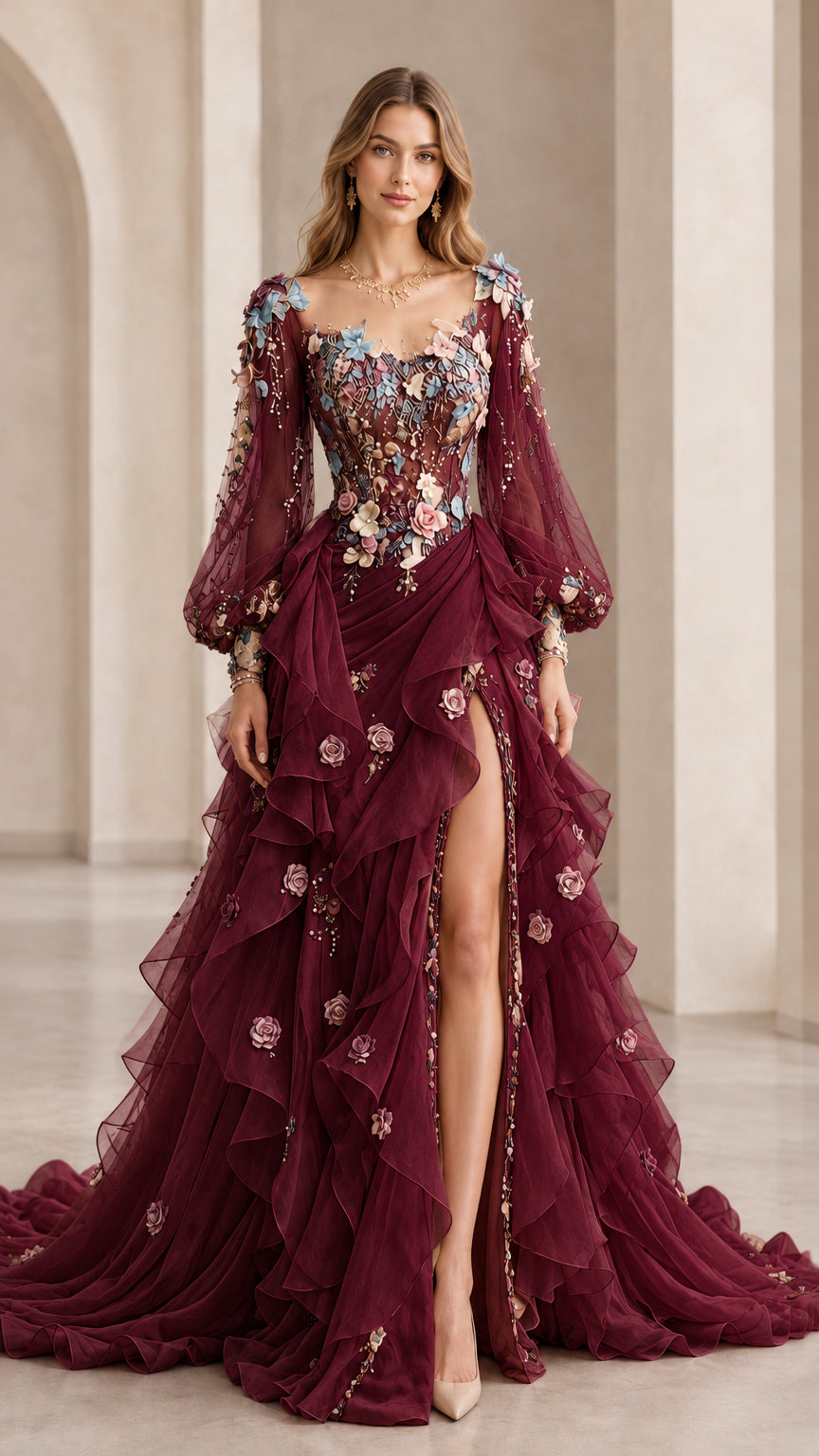 Full front view of burgundy wine floral applique tiered formal evening gown