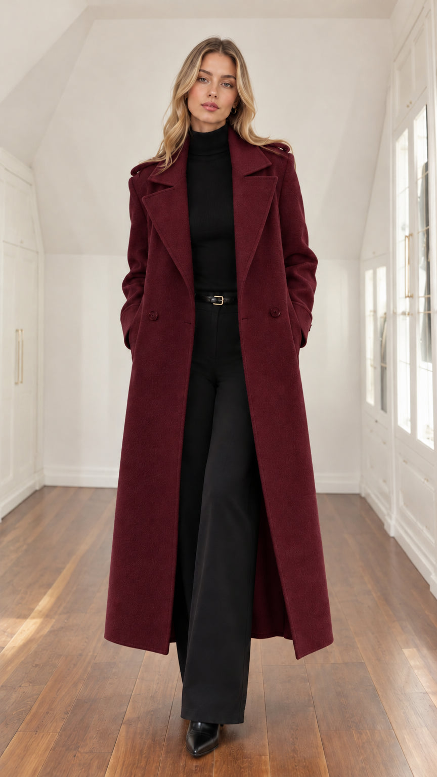Front view of a woman wearing a tailored burgundy maxi overcoat