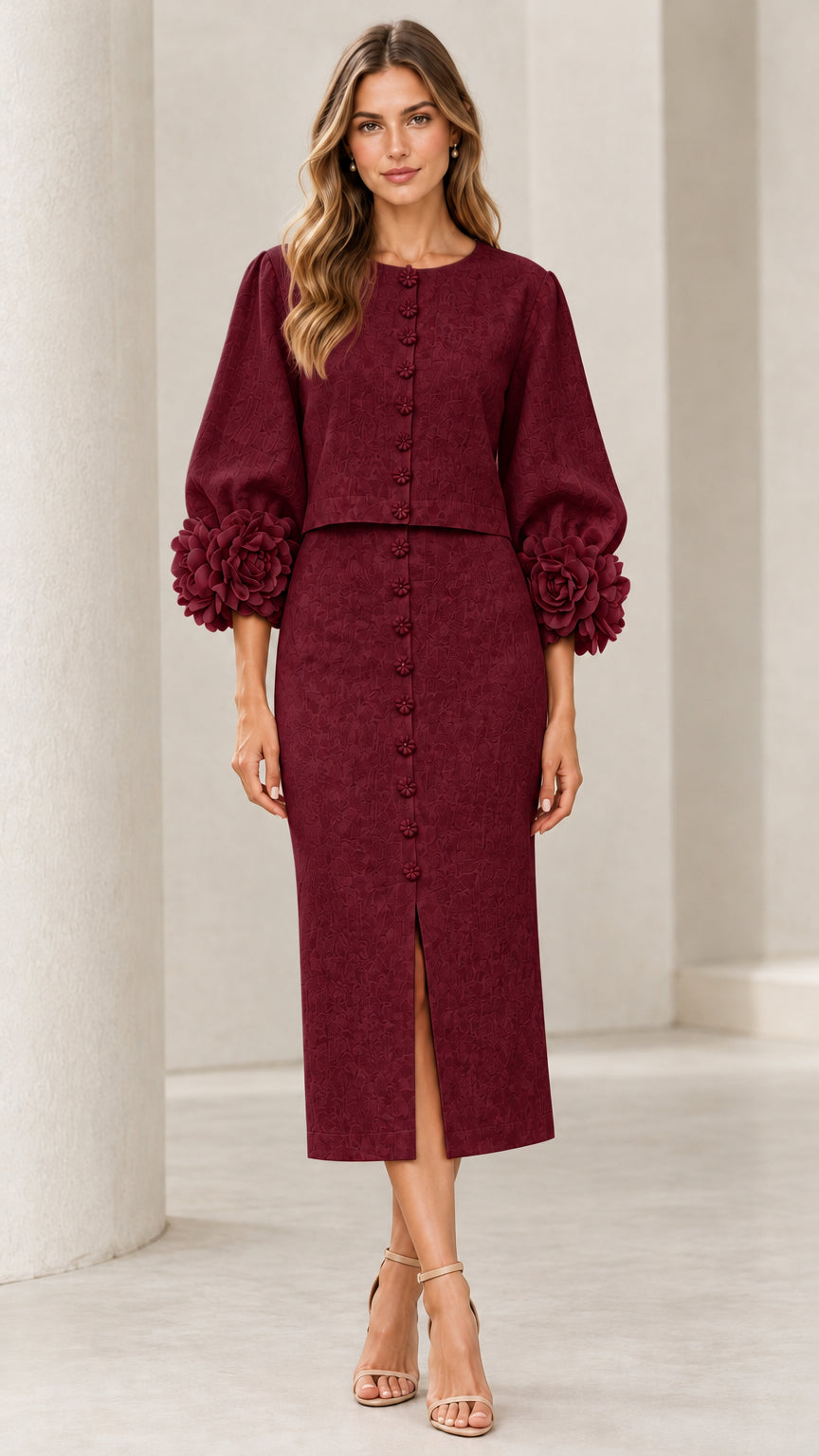 Front view of model wearing Burgundy two-piece top and midi pencil skirt set
