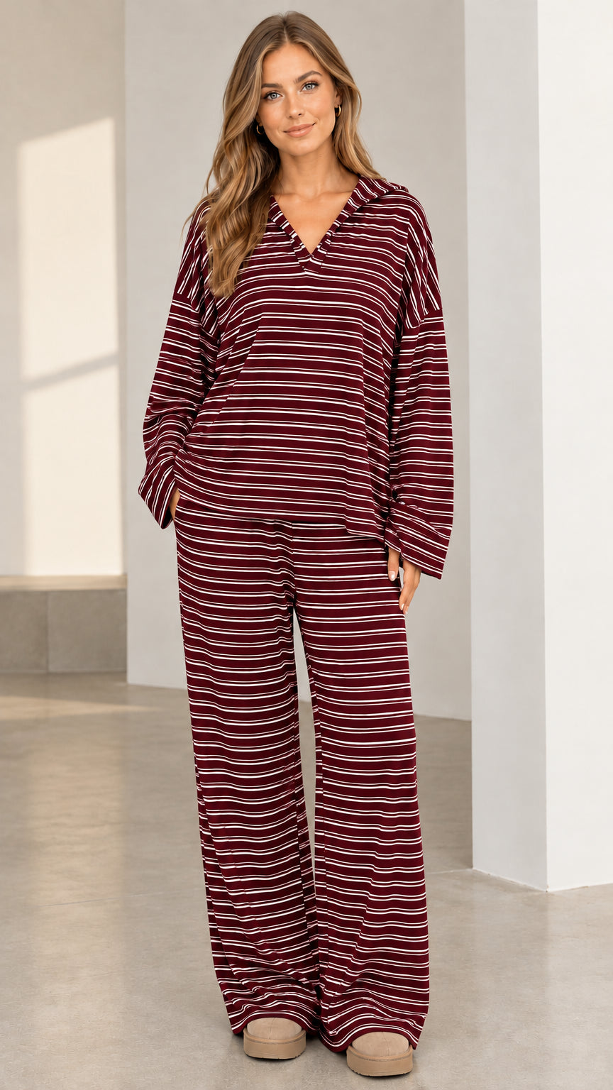 Woman wearing burgundy wine striped V-neck loungewear set
