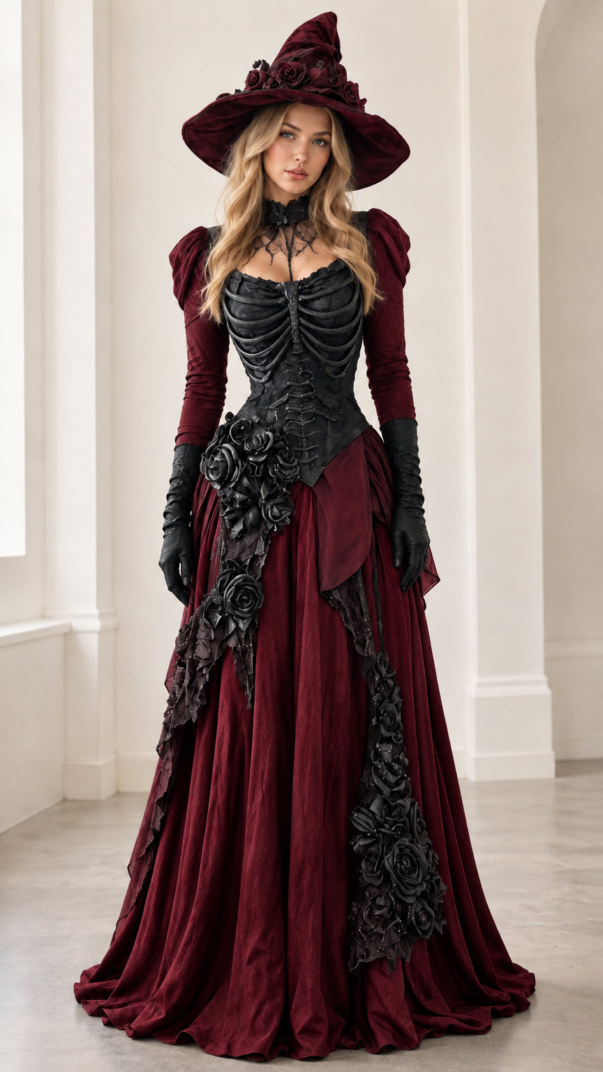 Front view of gothic witch maxi gown in rich burgundy wine red with black ribcage corset and burgundy hat