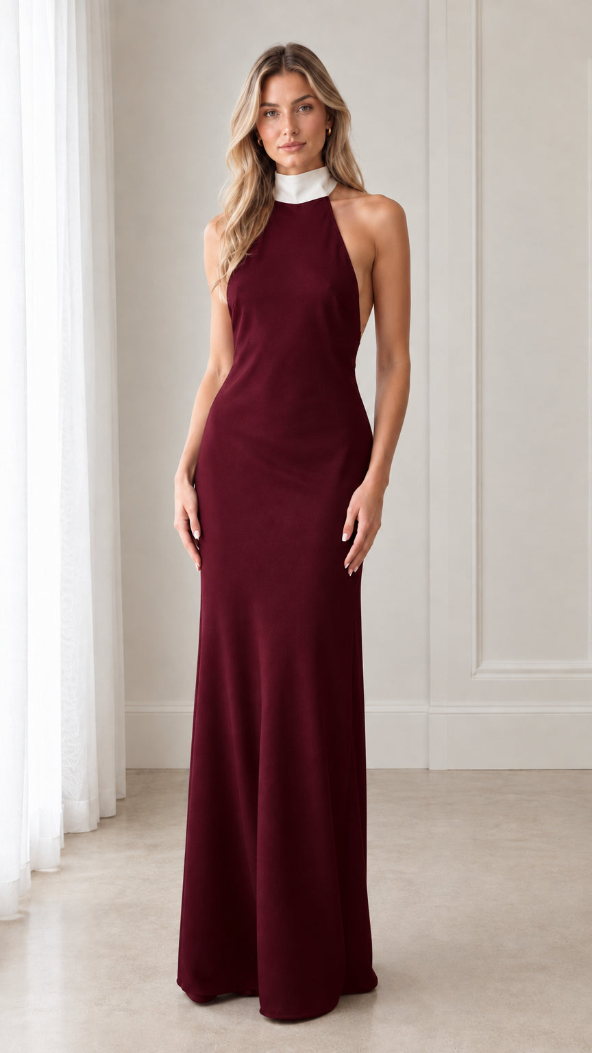 Burgundy wine red halter backless maxi dress with contrast white collar