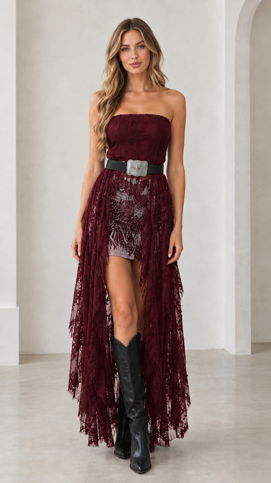 Model wearing burgundy strapless high-low lace maxi dress