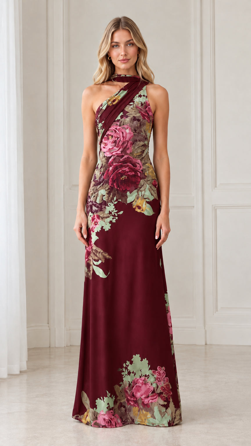 Front view of model wearing deep burgundy floral print asymmetric halter gown