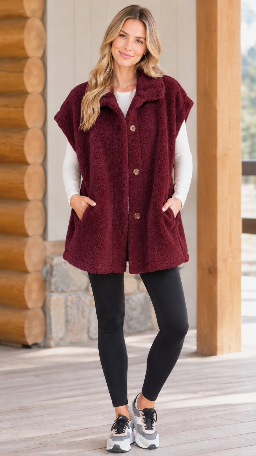 Model wearing burgundy red button-up teddy fleece tunic vest with pockets