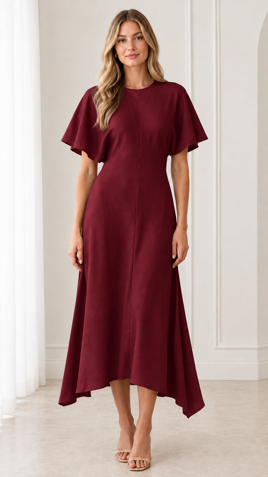 Burgundy wine red flutter sleeve asymmetrical hem midi dress