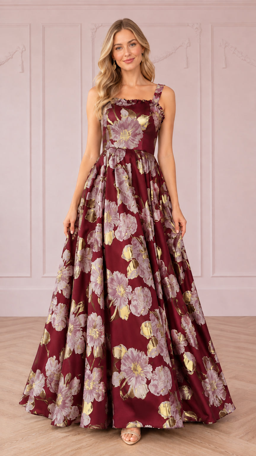 Front view of burgundy wine red floral jacquard floor-length formal gown