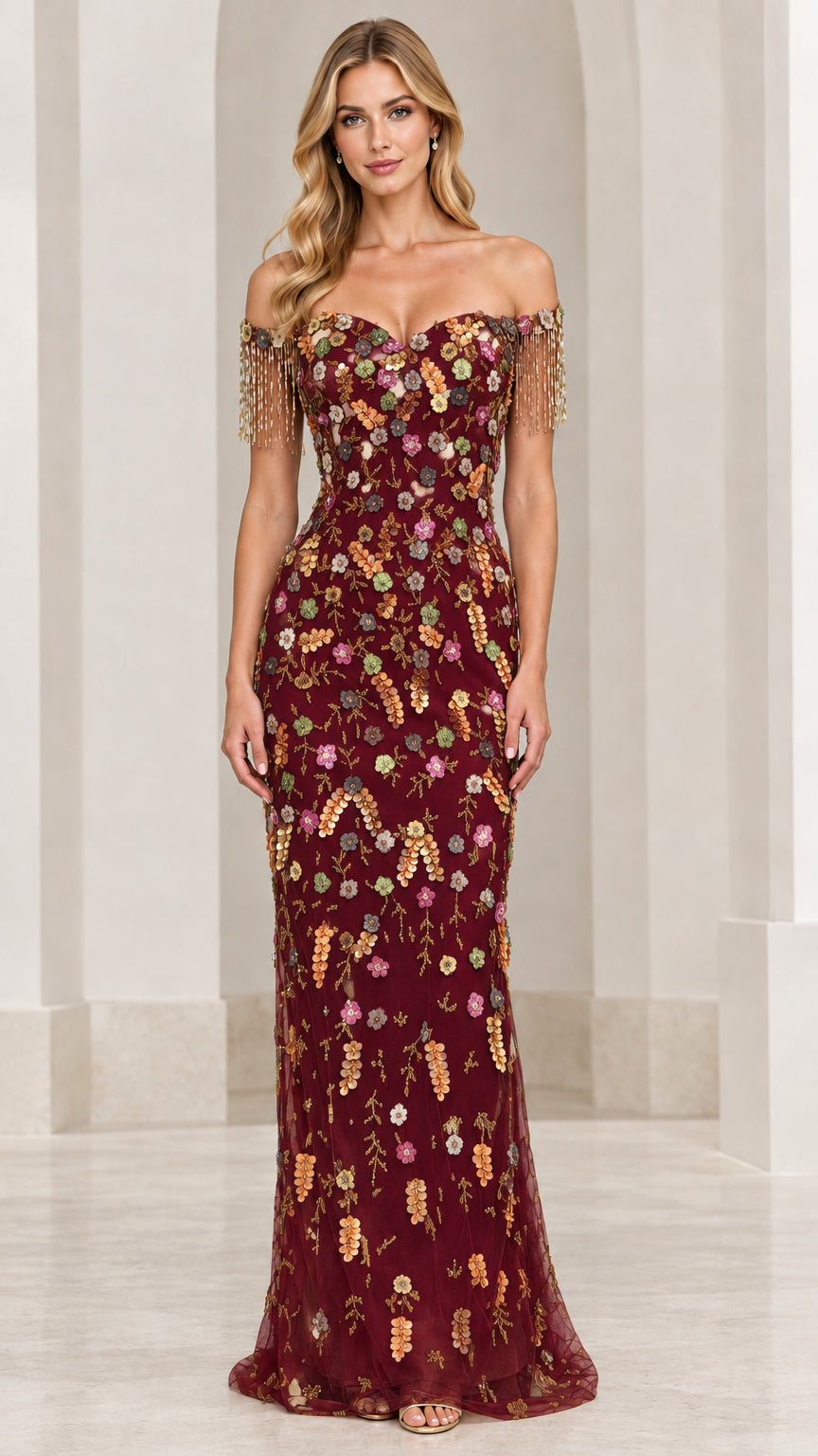 Model wearing burgundy wine colorway of the floral embellished evening gown