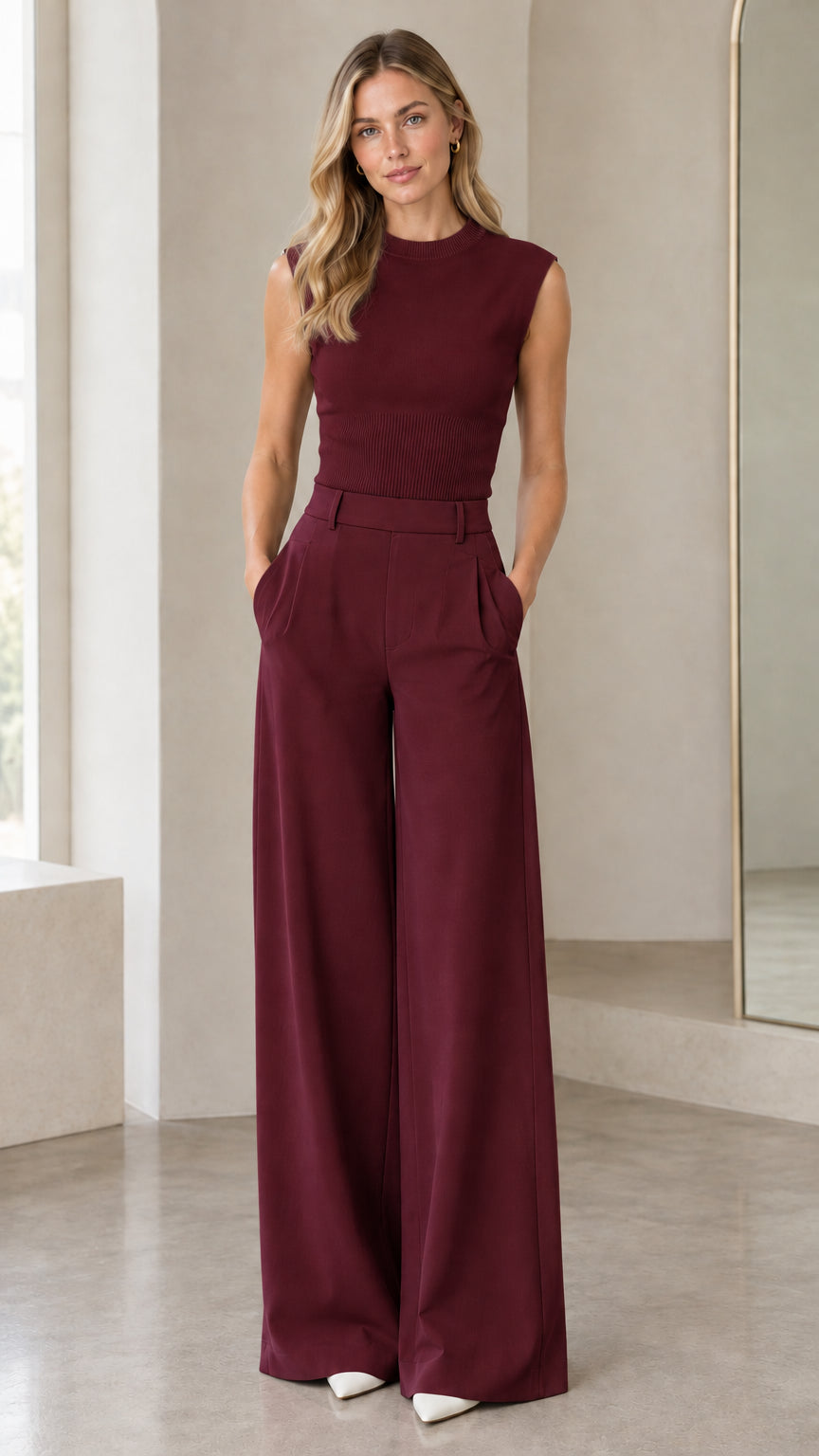 Model wearing monochromatic burgundy sleeveless knit top and wide-leg trousers
