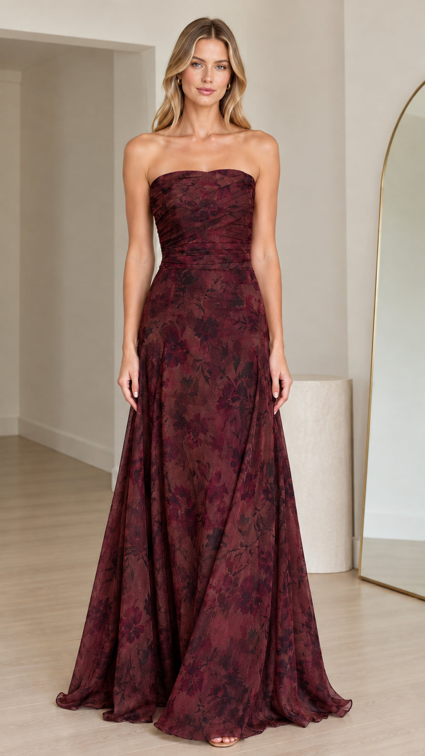 Strapless floral maxi gown in burgundy wine