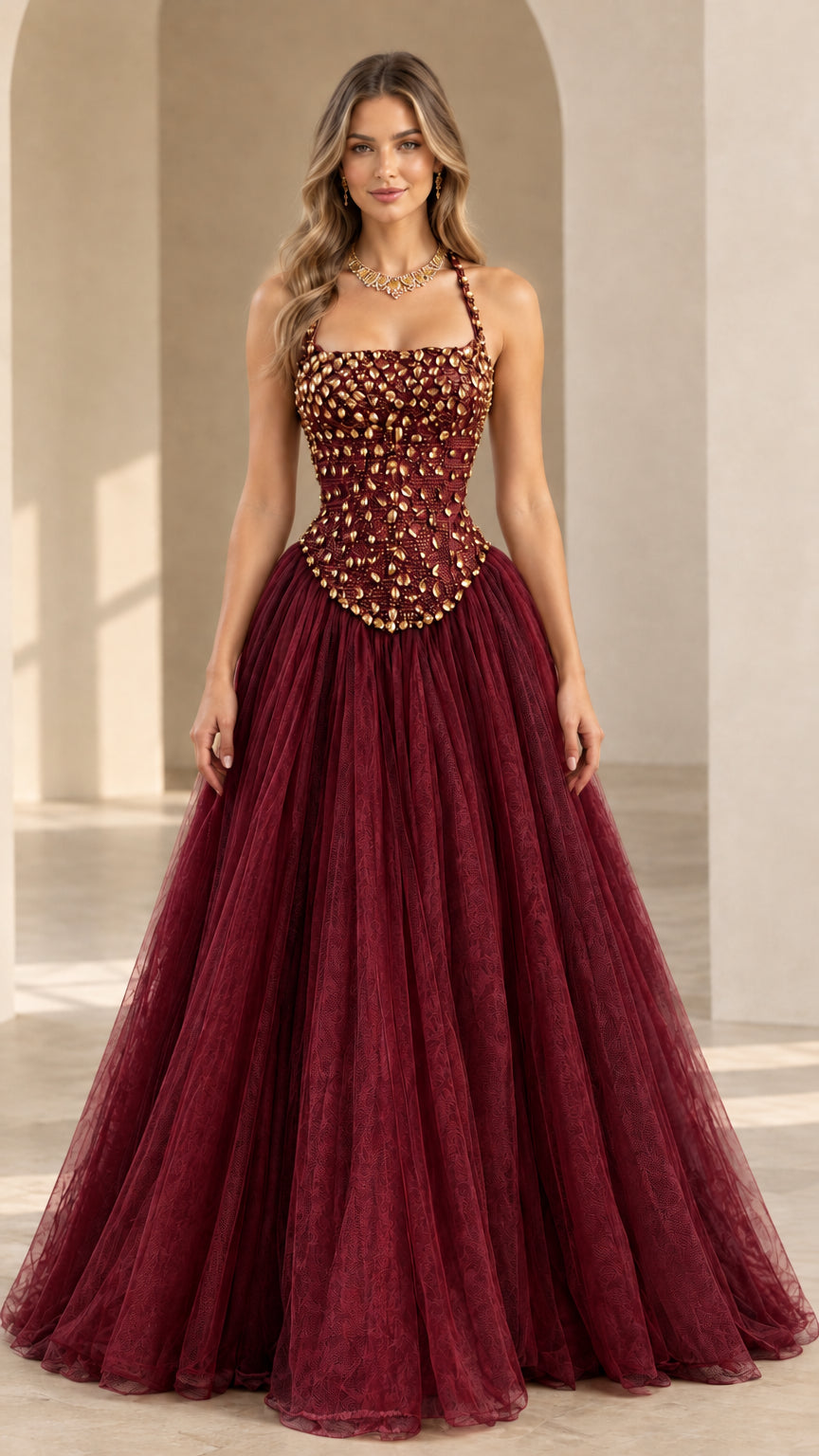 Burgundy wine red beaded halter tulle evening gown