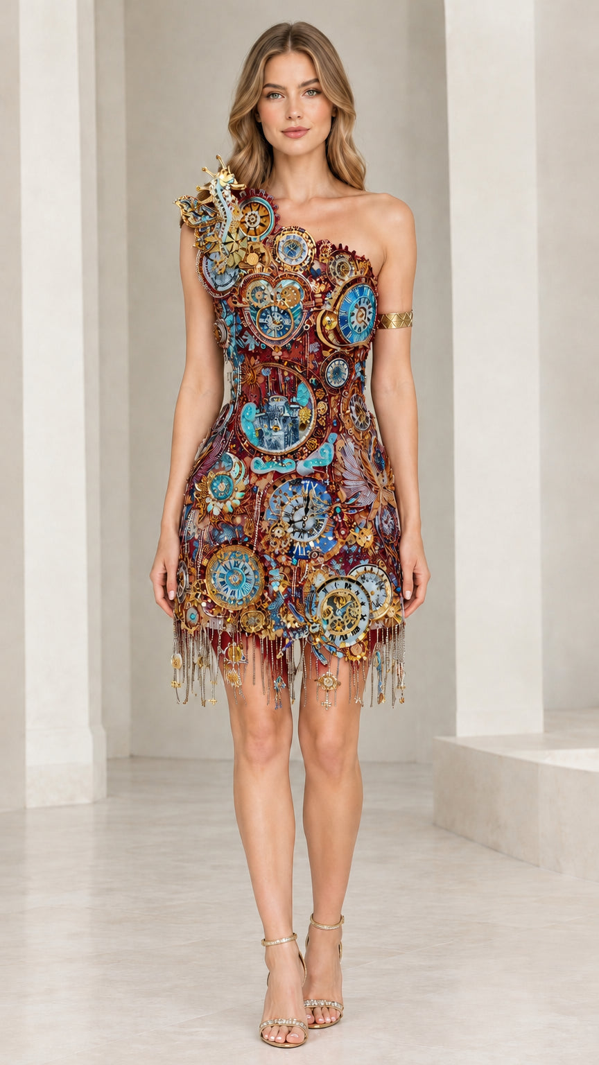 Front full-length view of model in wine red one-shoulder beaded clock motif evening mini dress