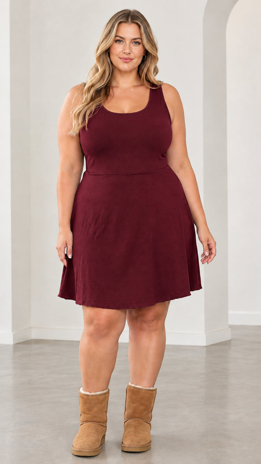 Front view of model wearing burgundy sleeveless A-line skater mini dress