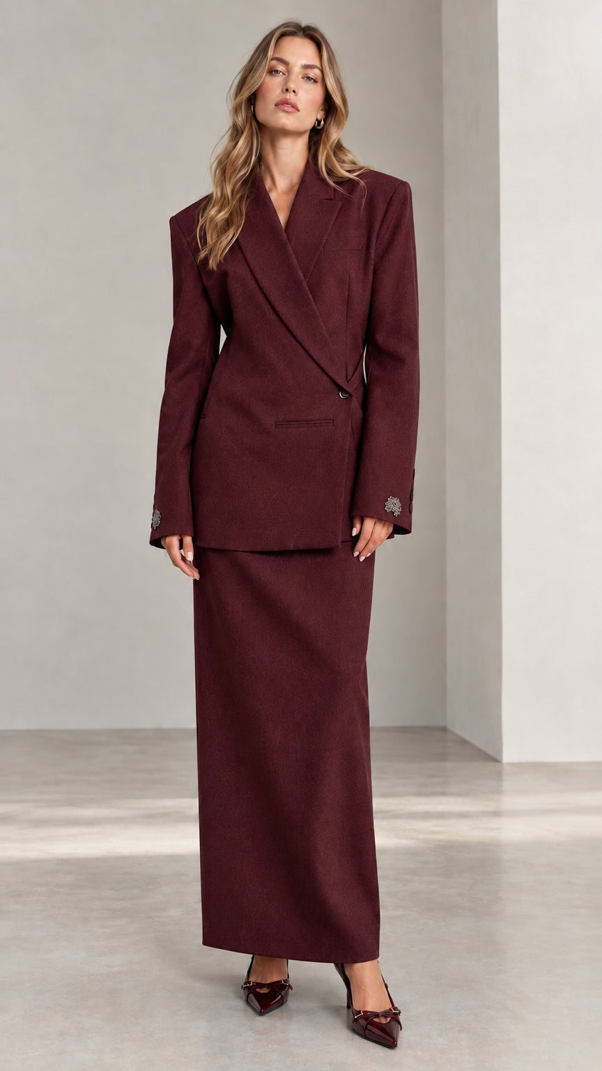 Full front view of Burgundy tailored wrap blazer and maxi column skirt two-piece set
