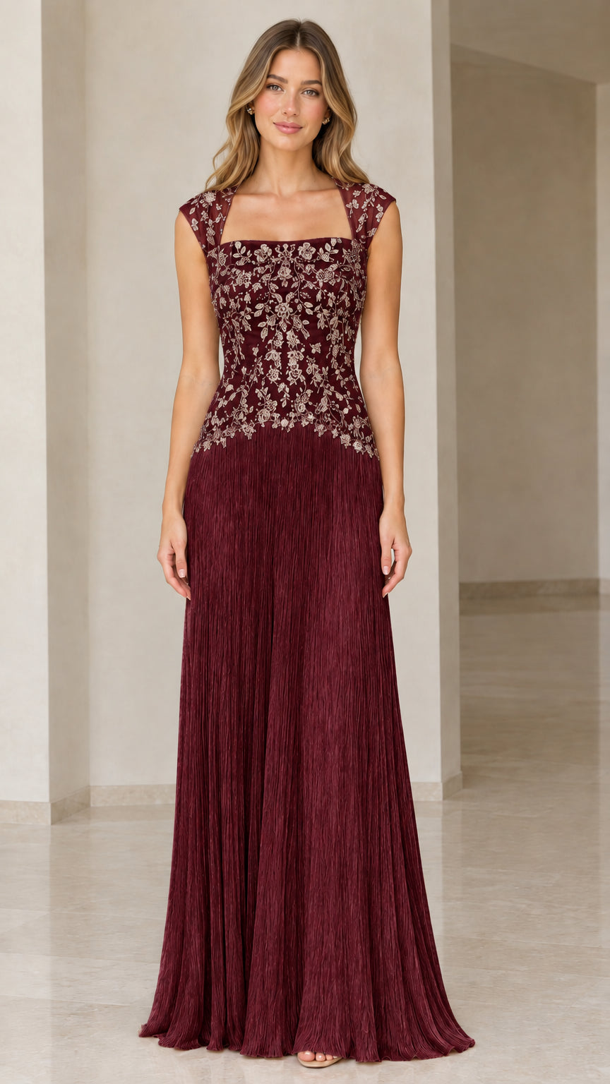 Burgundy wine red embroidered cap sleeve formal maxi gown with fringe detail