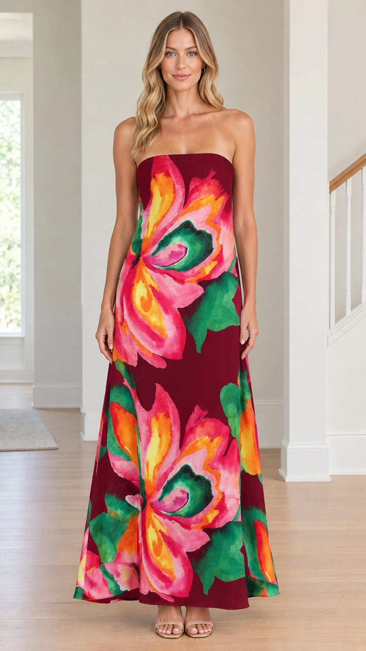 Front view of model wearing Burgundy strapless floral print maxi dress