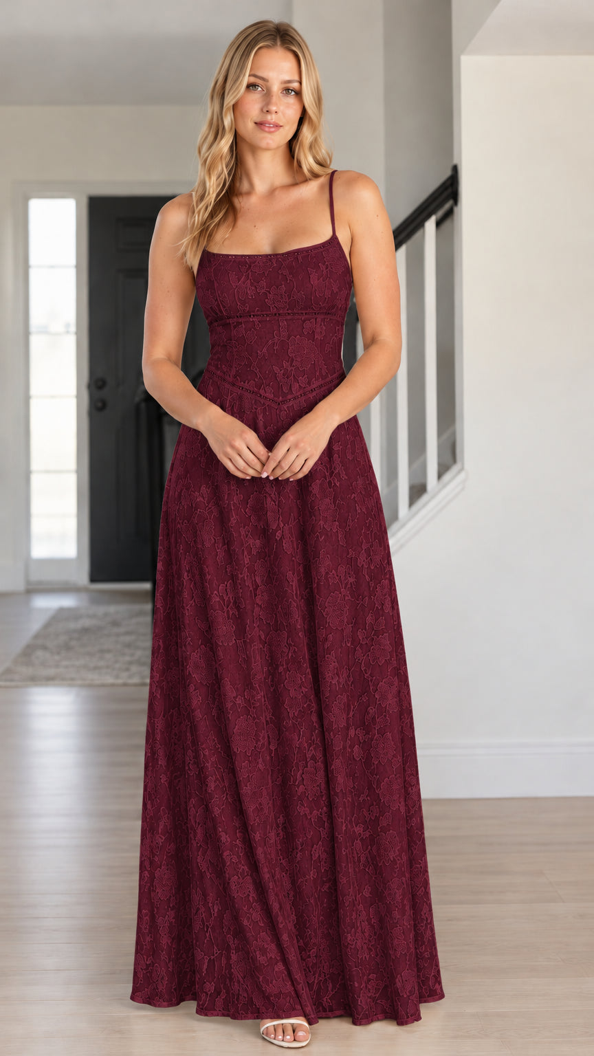 Front view of woman wearing burgundy floral lace spaghetti strap maxi dress