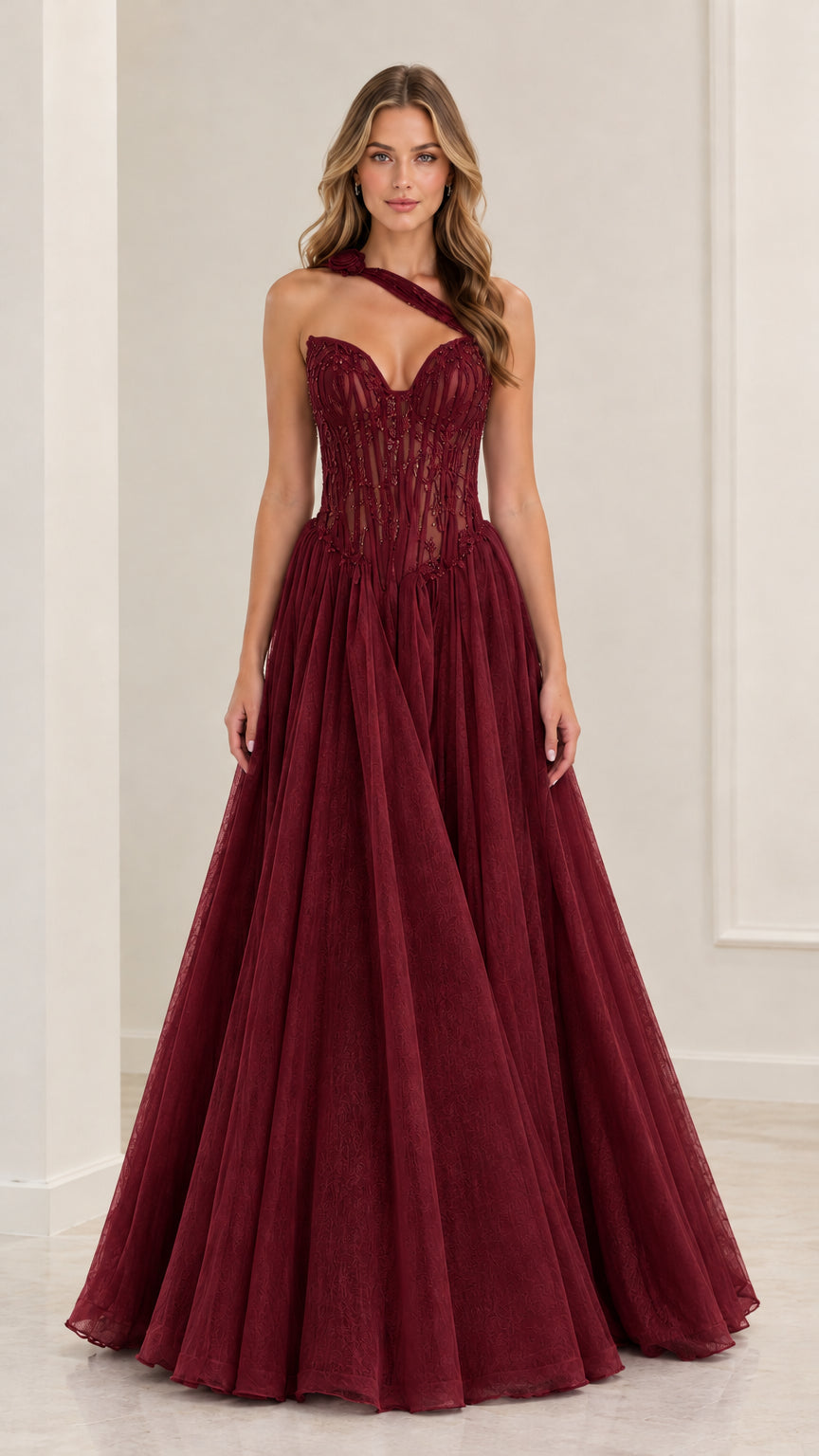 Burgundy wine one-shoulder corset tulle ball gown