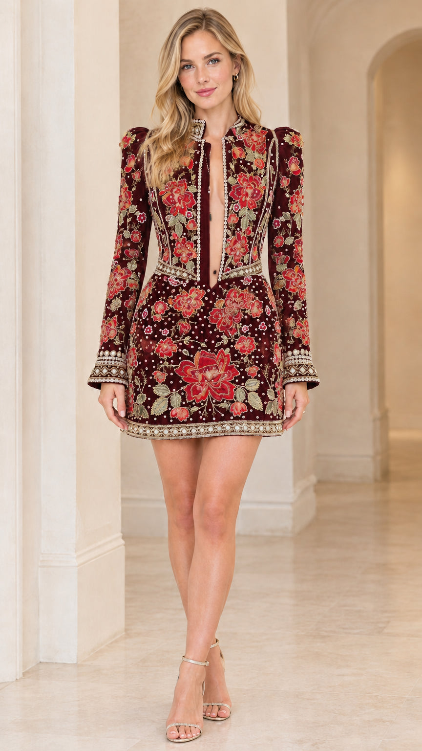 Front view of model wearing burgundy red floral embroidered long sleeve mini dress