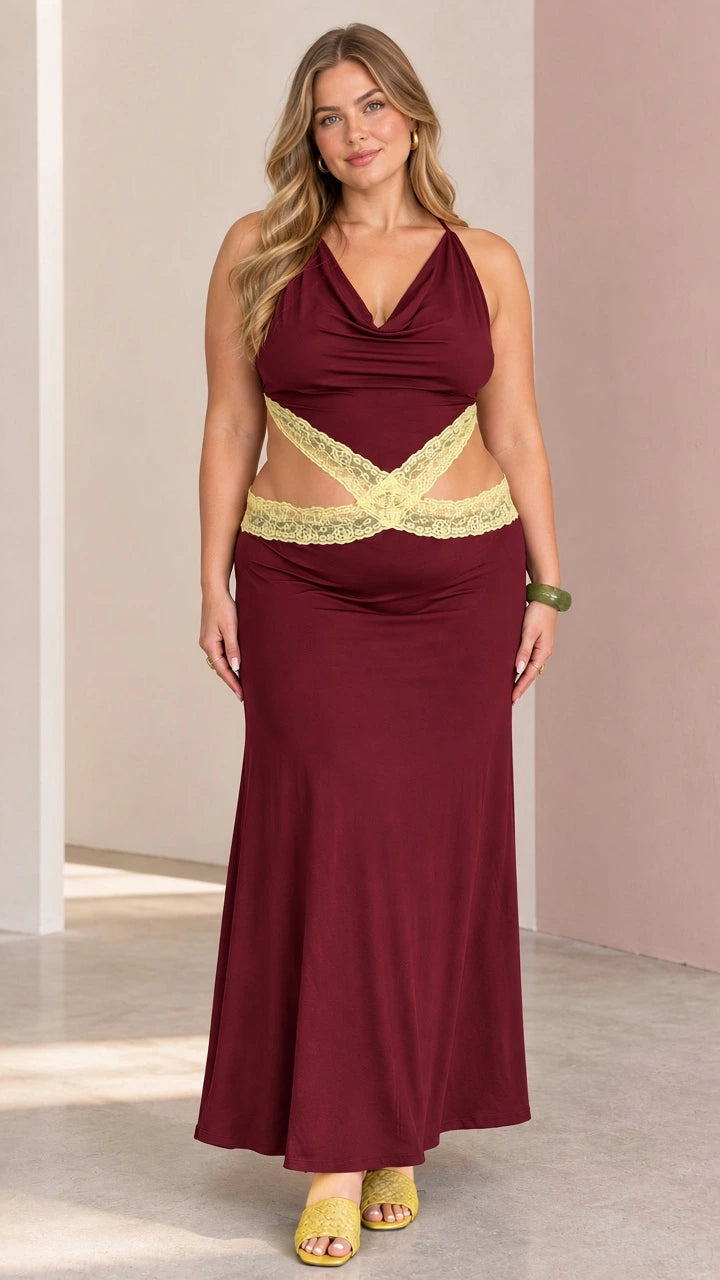 Front view of model wearing burgundy wine cowl neck halter maxi dress with yellow lace waist cutout