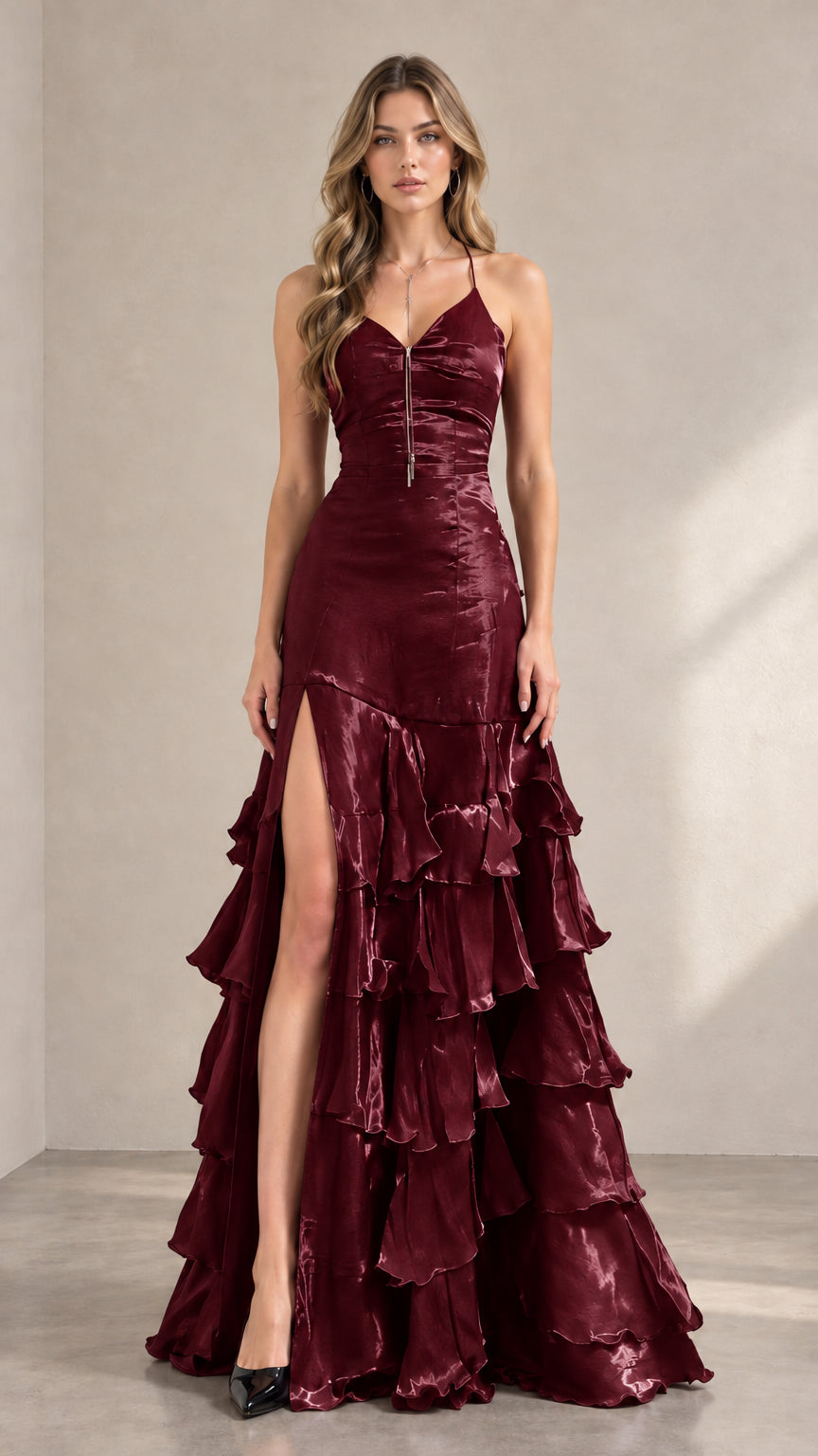 Front view of woman wearing rich burgundy wine tiered ruffle formal evening gown