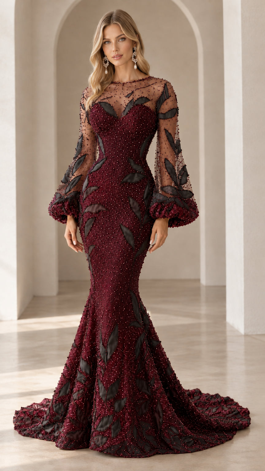 Front view of burgundy red beaded mermaid formal dress with illusion mesh and voluminous sleeves