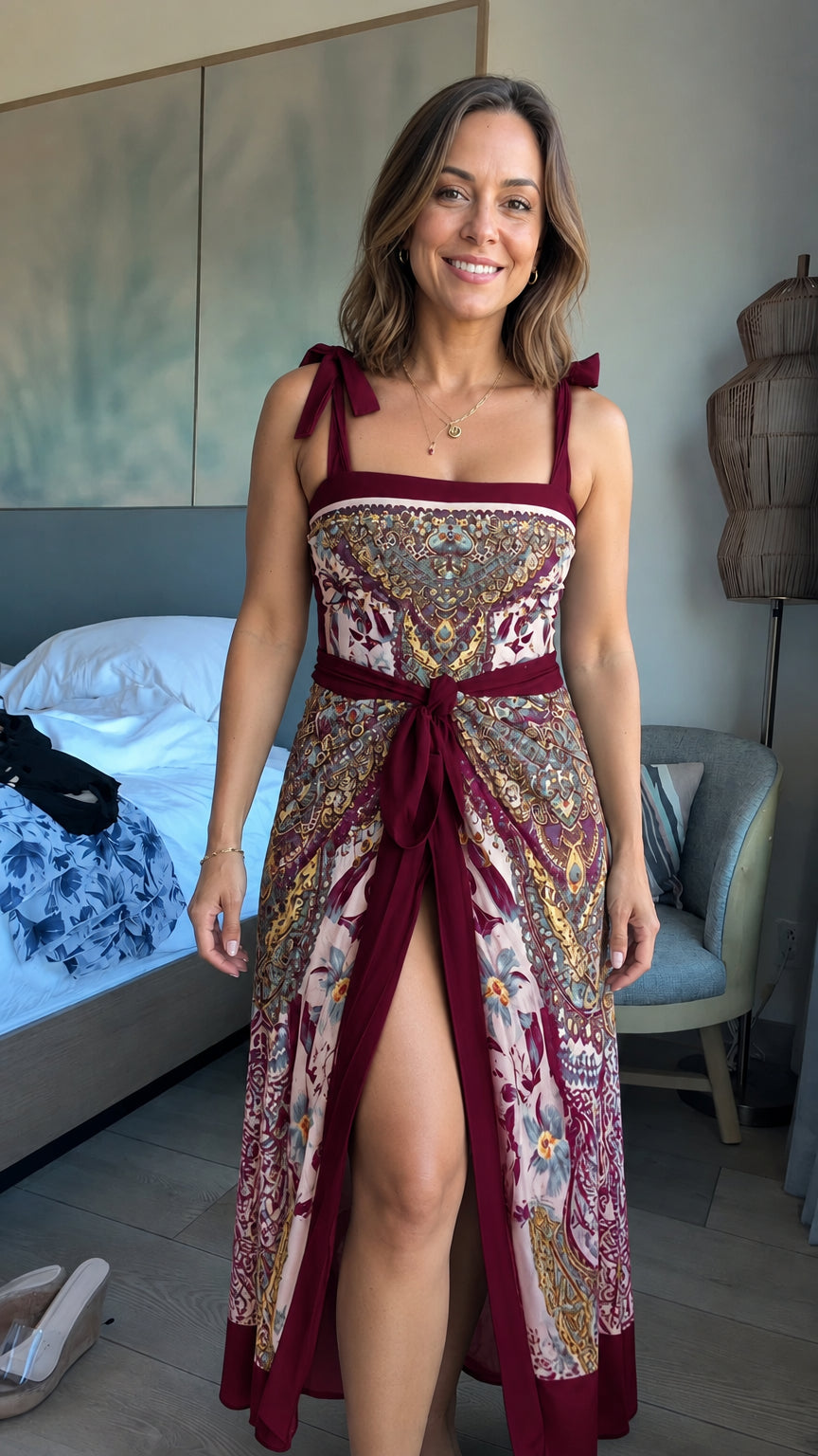 Model wearing Burgundy red paisley print maxi dress with tie straps