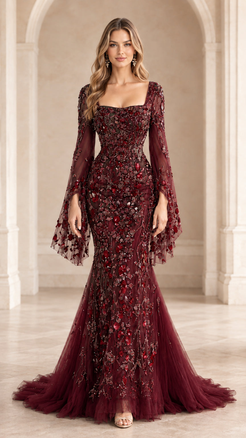 Burgundy wine red floral beaded mermaid evening gown with flared bell sleeves