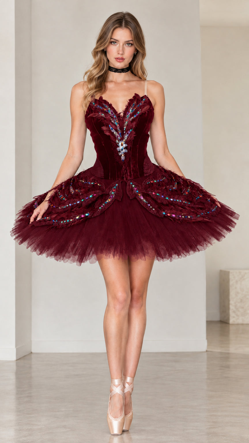 Burgundy wine red velvet corset ballet tutu dress with sequined embellishments