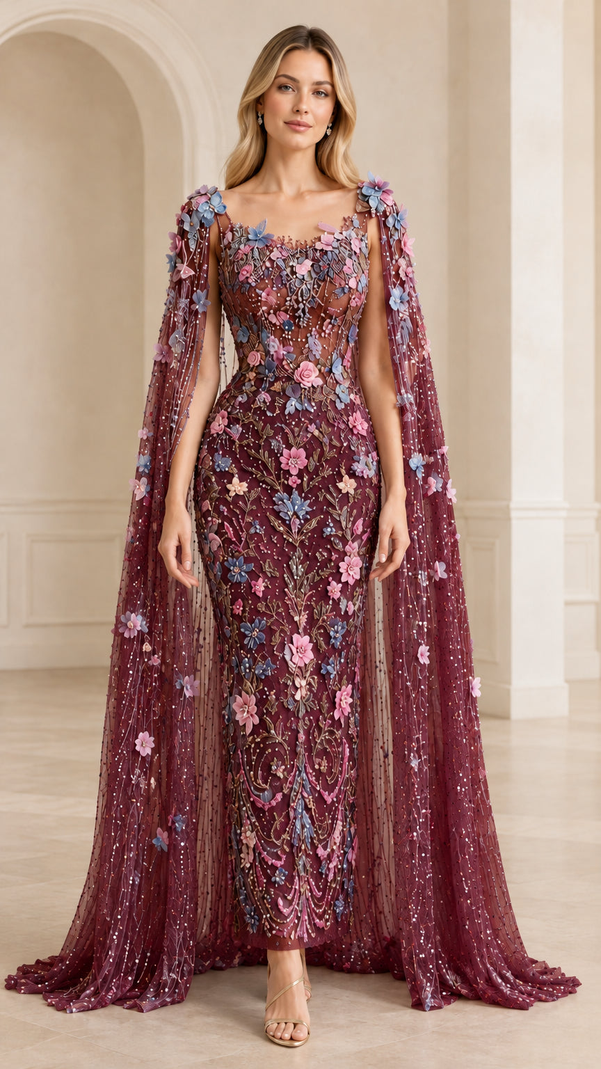 Front view of burgundy floral embroidered cape evening gown