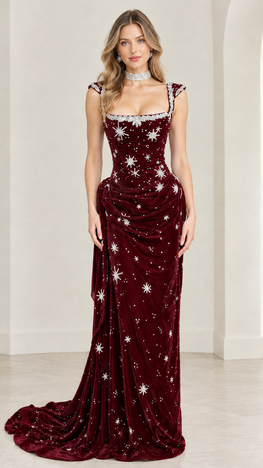 Full-length front view of celestial star velvet evening gown in rich burgundy red