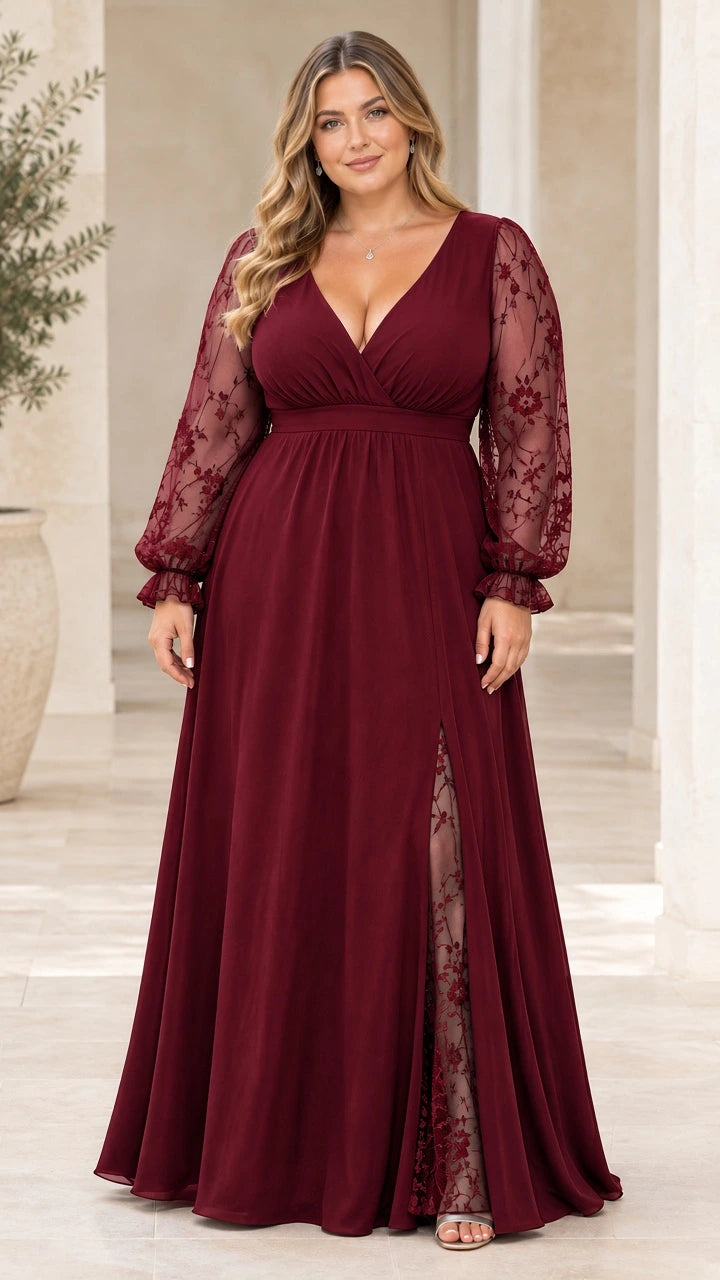 Front view of model wearing burgundy red V-neck maxi dress with lace sleeves