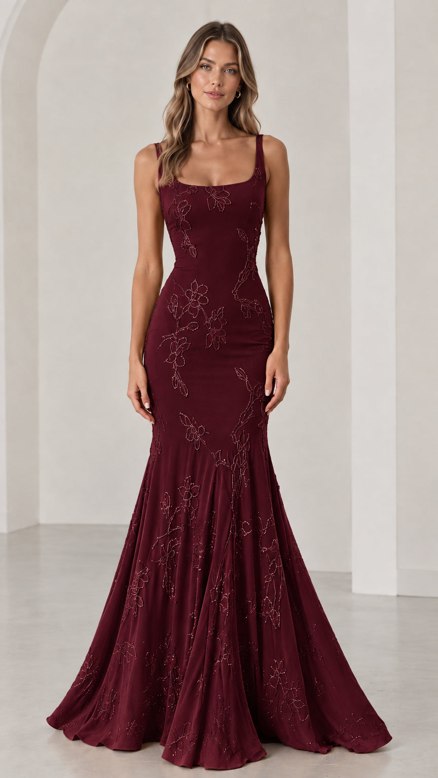 Full front view of Burgundy floral beaded mermaid evening gown