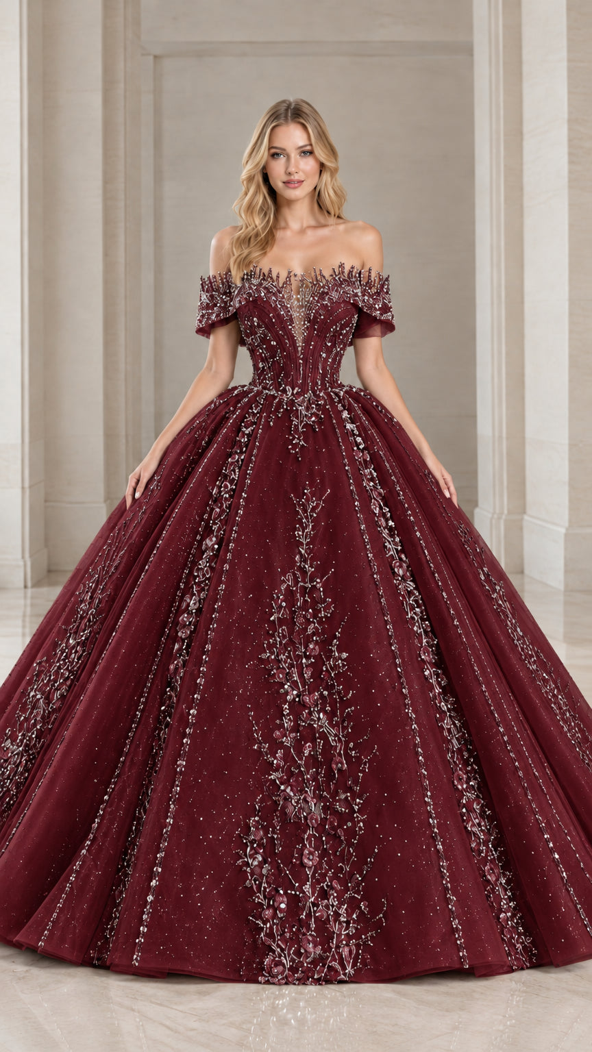 Front view of burgundy red off-the-shoulder beaded tulle ball gown