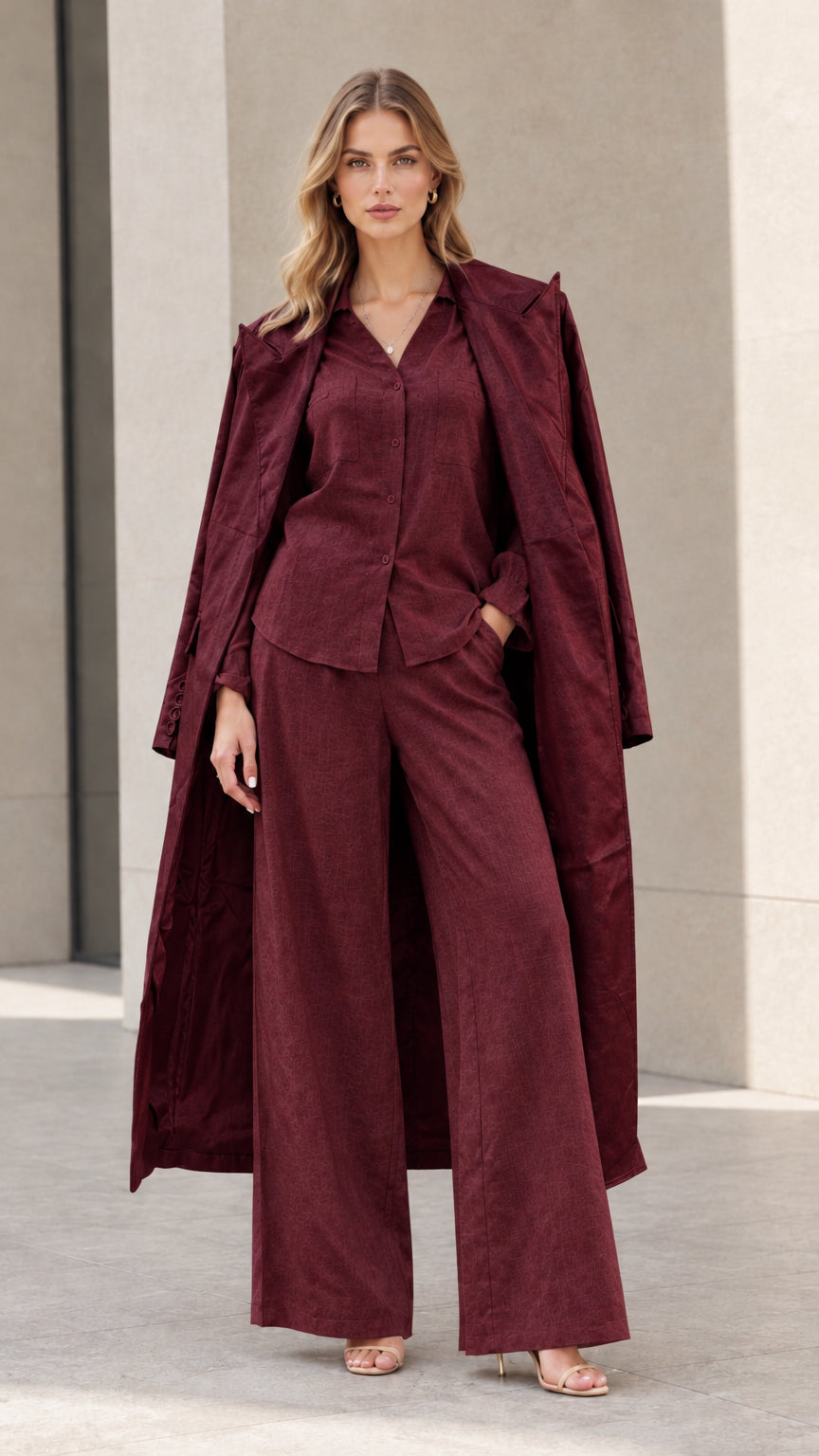 Model wearing burgundy wine red 3-piece trench duster, collared shirt, and pants set