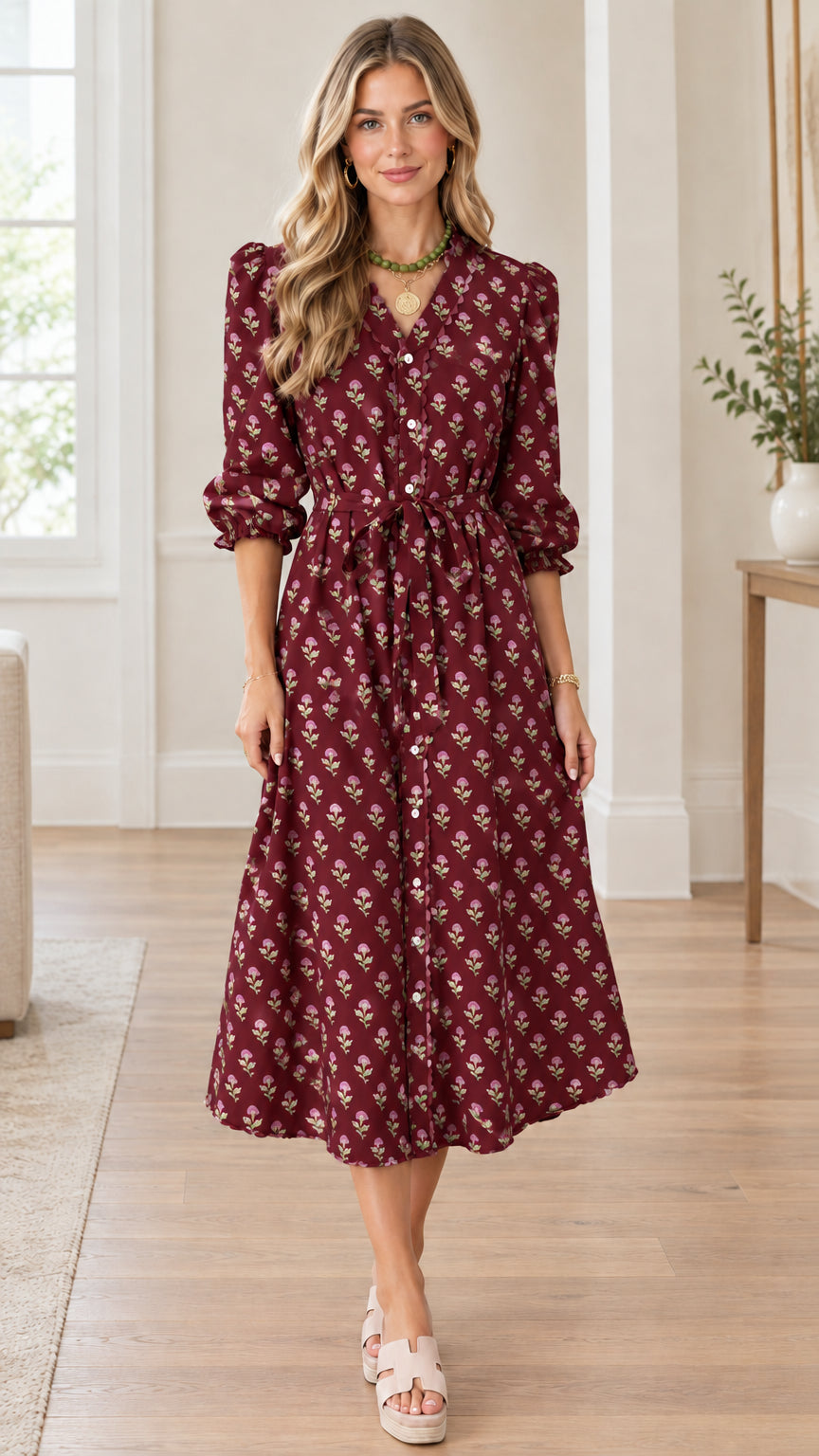 Full front view of model wearing burgundy floral print button-front midi dress