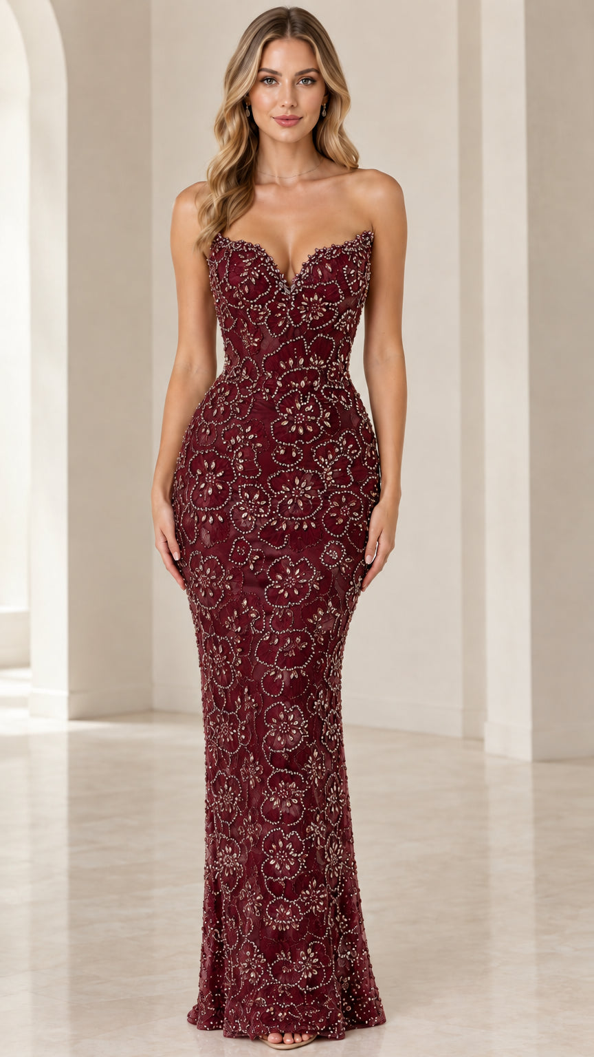Model wearing burgundy red strapless beaded sweetheart formal dress