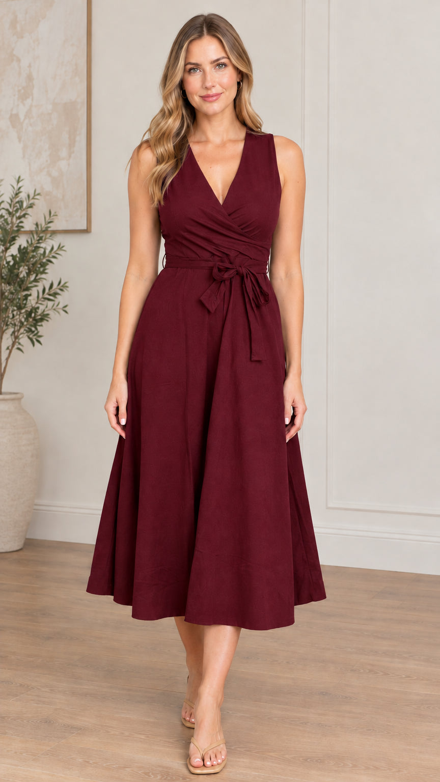 Front view of model wearing burgundy wine red sleeveless wrap midi dress