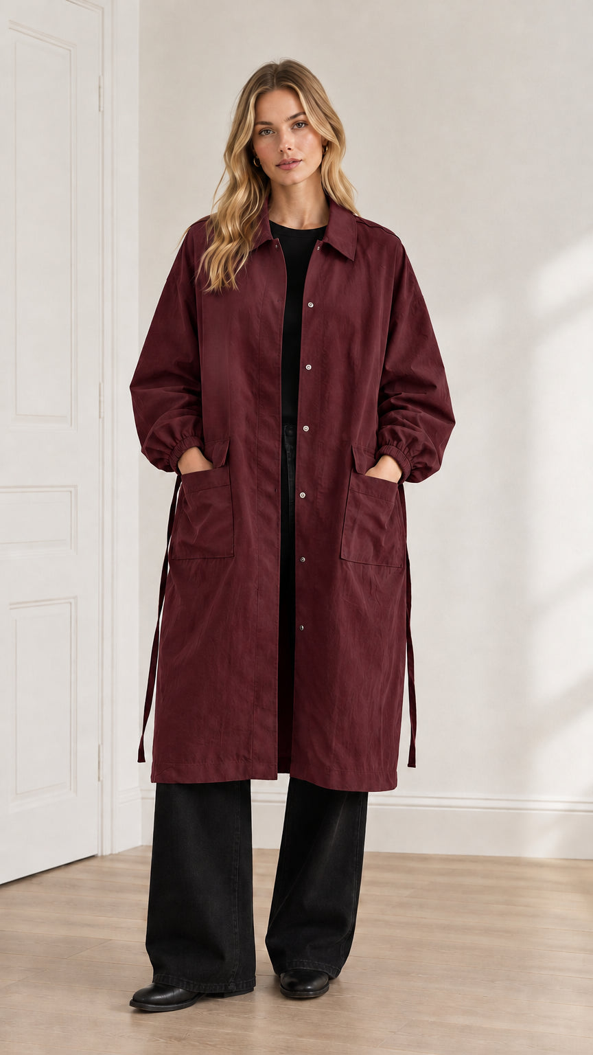 Front view of a model wearing the long duster coat in burgundy