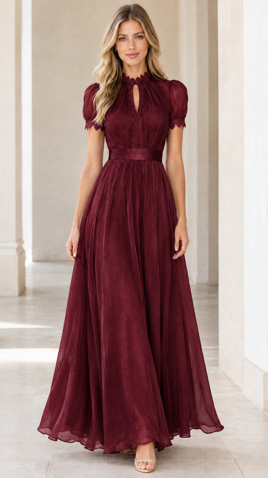 Burgundy wine formal chiffon maxi gown with lace keyhole trim