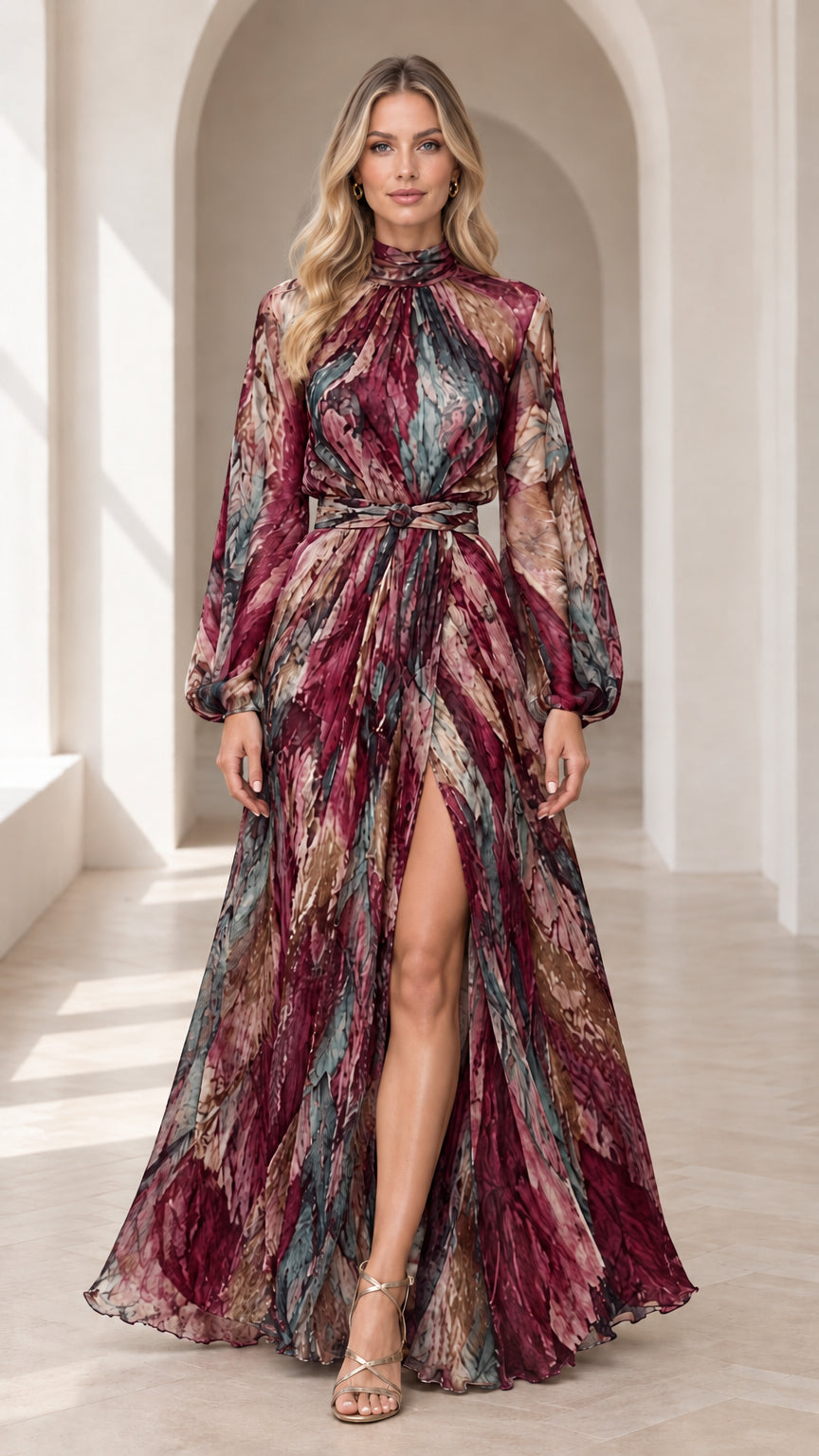 Front view of woman wearing burgundy wine abstract print mock neck maxi dress