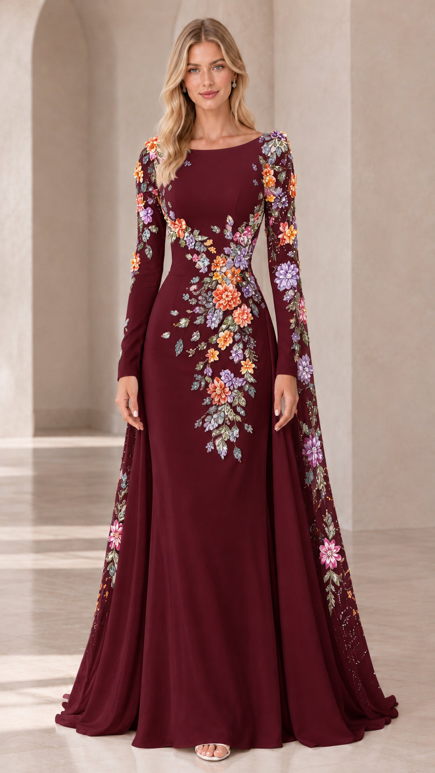 Full front view of burgundy wine red evening gown with colorful floral embroidery