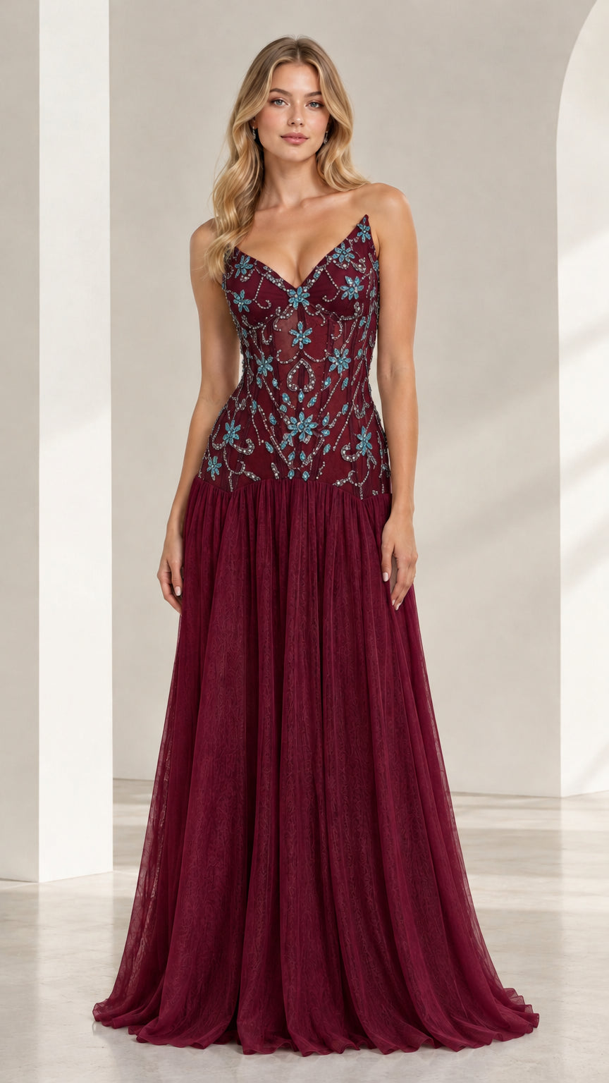 Burgundy wine red beaded bodice tulle maxi evening dress